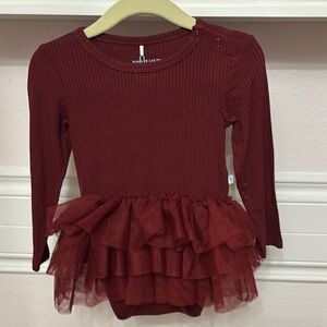 Posh Peanut Burgundy Long Sleeve Baby Dress with Tulle Skirt NWT 18-24